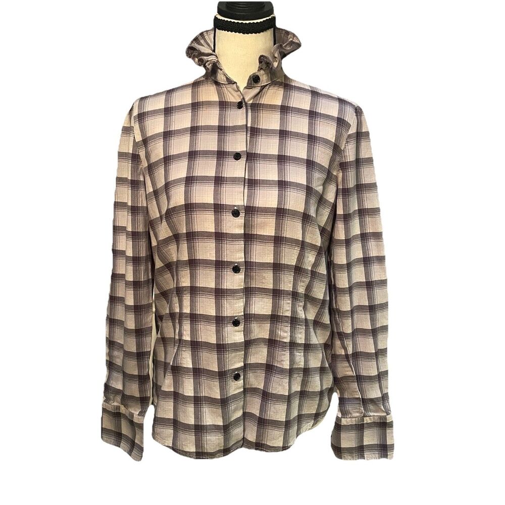 Lauren Ralph Lauren Plaid Blouse S Ruffle Collar Button Up Cotton Dark Academia